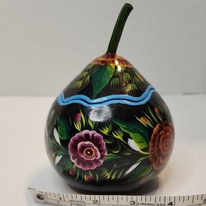 Hand-Painted Floral Gourd with Blue Trim BLack, Green, Purple, Orange,White